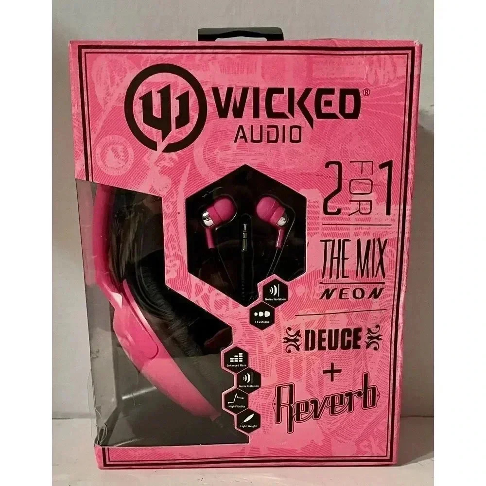 WICKED AUDIO 2-in-1 Combo Ear Buds and Headphones Hot Pink Neon WI-8232